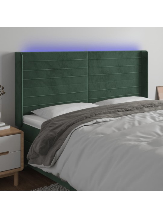 Gultas galvgalis ar led, 183x16x118/128 cm, tumši zaļš samts