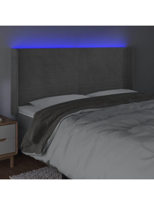 Gultas galvgalis ar led, 203x16x118/128 cm, gaiši pelēks samts