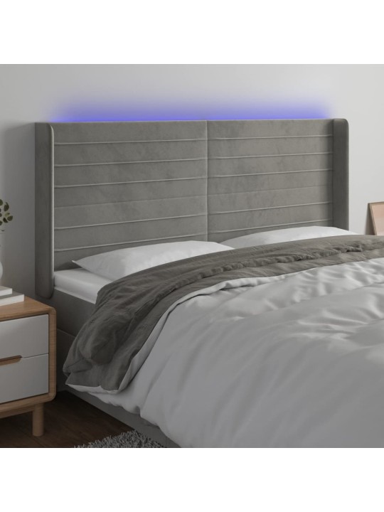 Gultas galvgalis ar led, 203x16x118/128 cm, gaiši pelēks samts