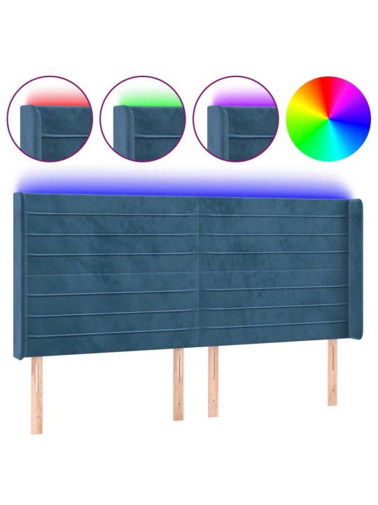 Gultas galvgalis ar led, 203x16x118/128 cm, tumši zils samts
