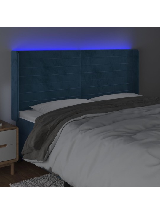 Gultas galvgalis ar led, 203x16x118/128 cm, tumši zils samts
