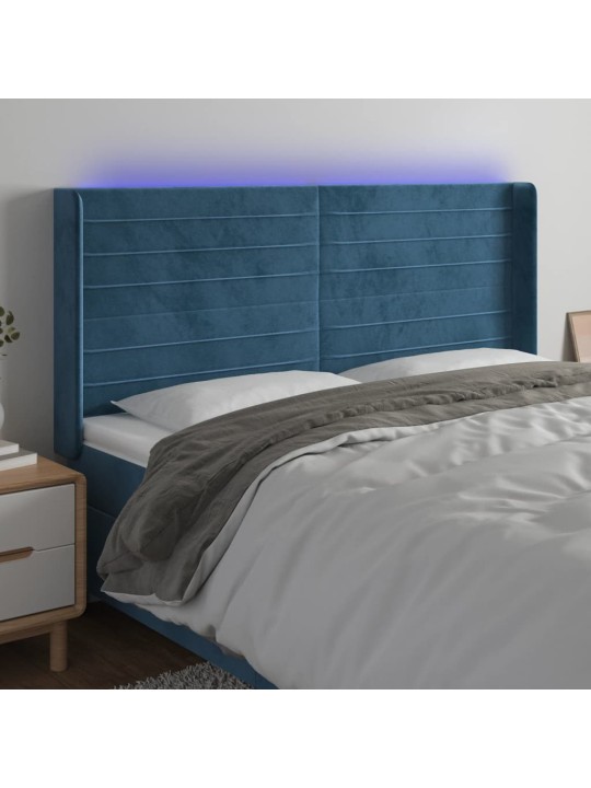 Gultas galvgalis ar led, 203x16x118/128 cm, tumši zils samts