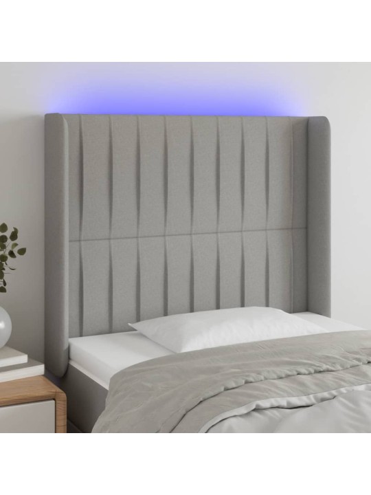 Gultas galvgalis ar led, 93x16x118/128 cm, gaiši pelēks audums