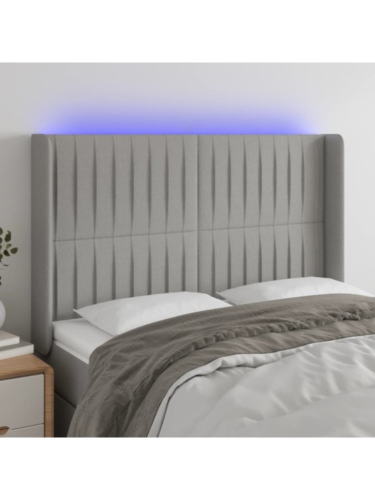 Gultas galvgalis ar LED, 147x16x118/128 cm, gaiši pelēks audums