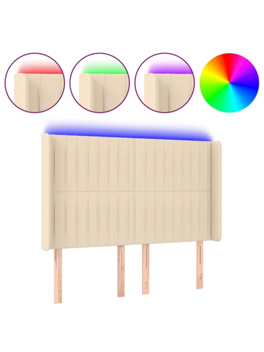 Gultas galvgalis ar LED, 147x16x118/128 cm, krēmkrāsas audums