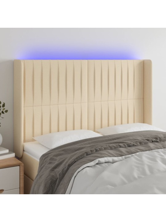 Gultas galvgalis ar LED, 147x16x118/128 cm, krēmkrāsas audums