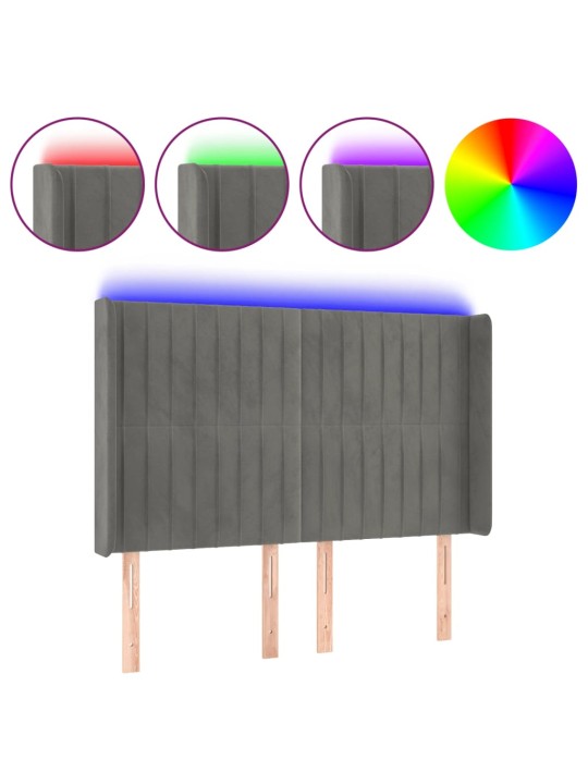 Gultas galvgalis ar LED, 147x16x118/128 cm, gaiši pelēks samts