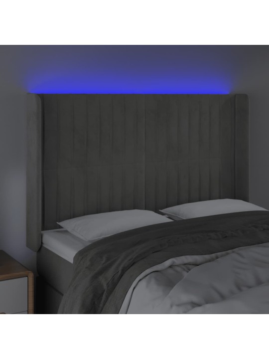 Gultas galvgalis ar LED, 147x16x118/128 cm, gaiši pelēks samts