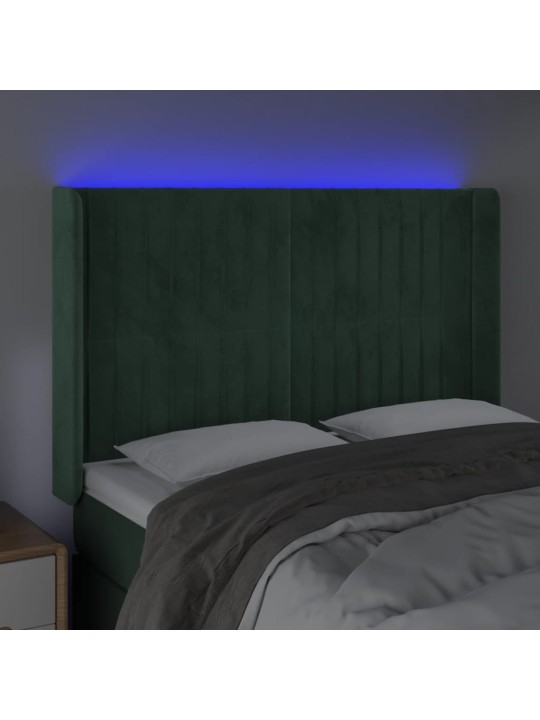 Gultas galvgalis ar led, 147x16x118/128 cm, tumši zaļš samts