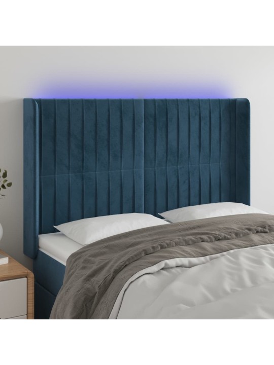 Gultas galvgalis ar led, 147x16x118/128 cm, tumši zils samts