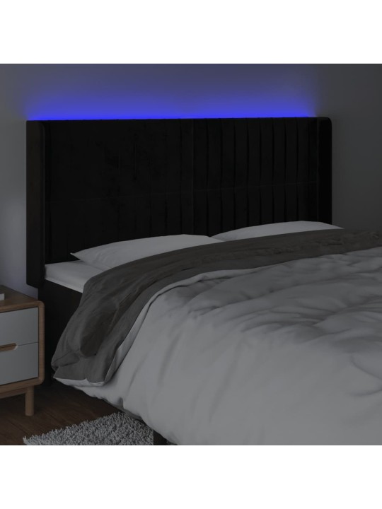 Gultas galvgalis ar LED, 163x16x118/128 cm, melns samts
