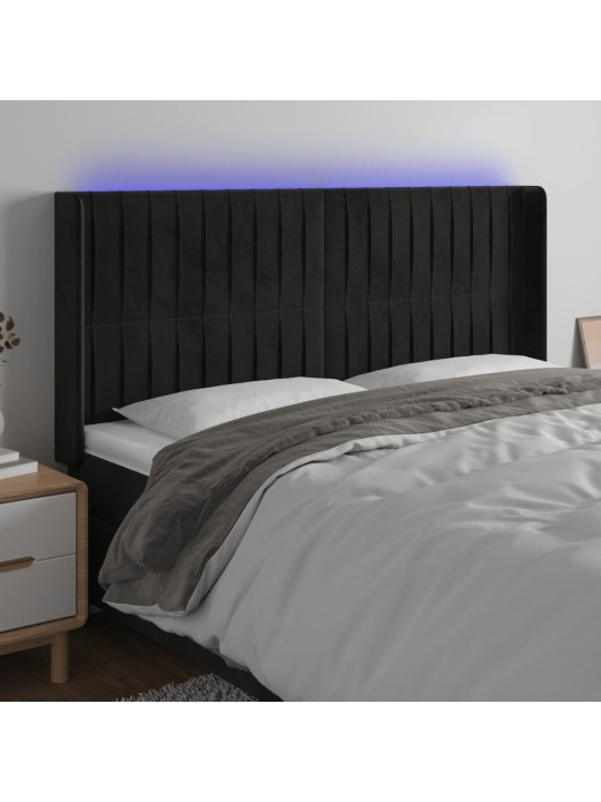 Gultas galvgalis ar LED, 163x16x118/128 cm, melns samts