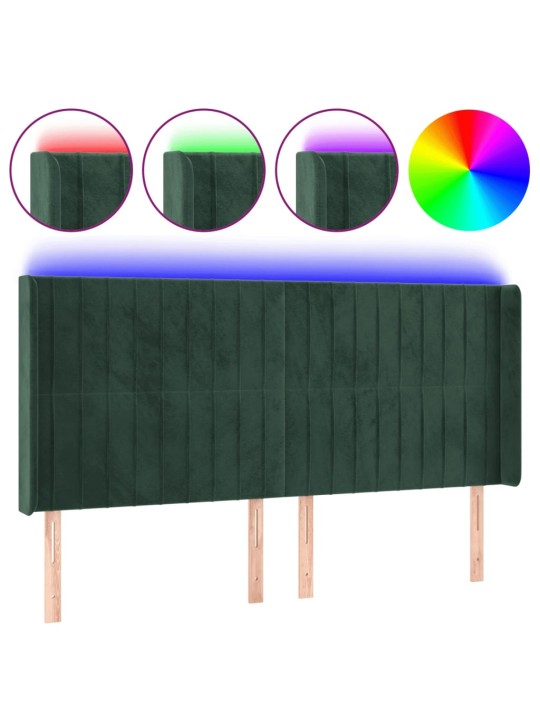Gultas galvgalis ar led, 163x16x118/128 cm, tumši zaļš samts