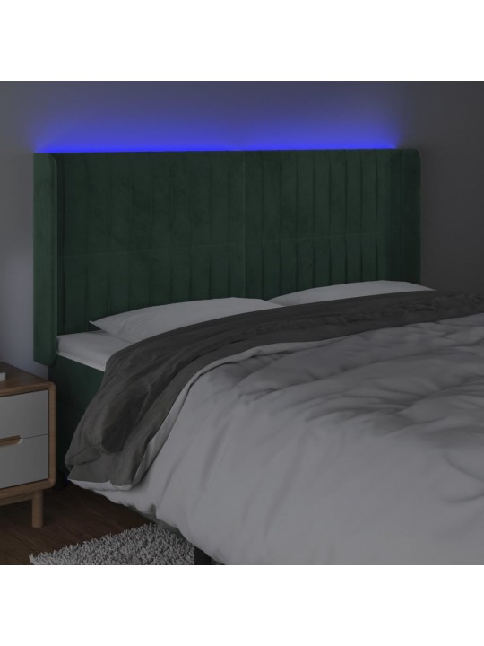 Gultas galvgalis ar led, 163x16x118/128 cm, tumši zaļš samts