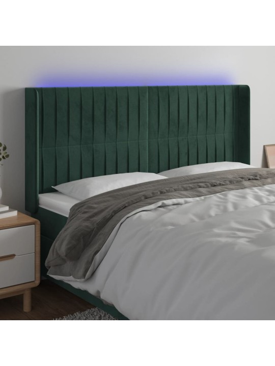Gultas galvgalis ar led, 163x16x118/128 cm, tumši zaļš samts