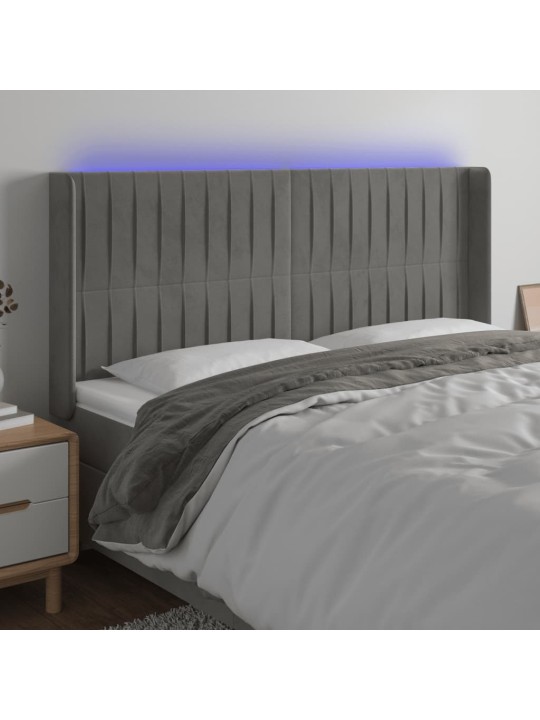 Gultas galvgalis ar led, 183x16x118/128 cm, gaiši pelēks samts