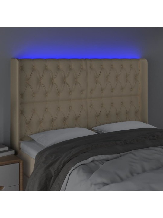 Gultas galvgalis ar LED, 147x16x118/128 cm, krēmkrāsas audums