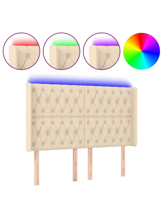Gultas galvgalis ar LED, 163x16x118/128 cm, krēmkrāsas audums