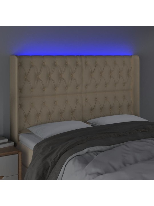 Gultas galvgalis ar LED, 163x16x118/128 cm, krēmkrāsas audums