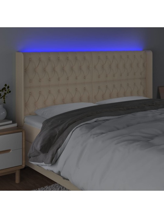 Gultas galvgalis ar LED, 183x16x118/128 cm, krēmkrāsas audums