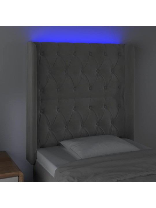 Gultas galvgalis ar led, 83x16x118/128 cm, gaiši pelēks samts