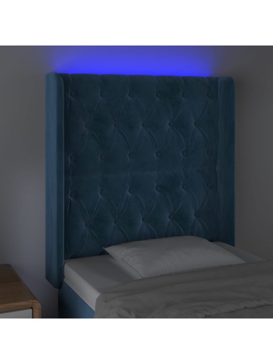 Gultas galvgalis ar led, 83x16x118/128 cm, tumši zils samts