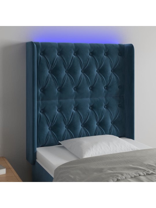 Gultas galvgalis ar led, 83x16x118/128 cm, tumši zils samts