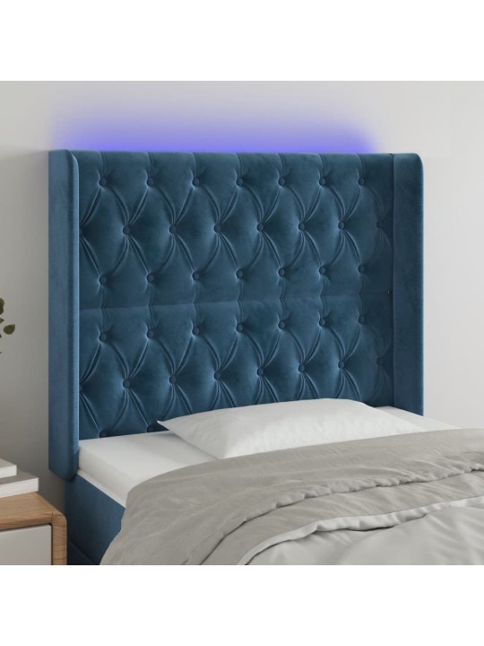 Gultas galvgalis ar led, 93x16x118/128 cm, tumši zils samts