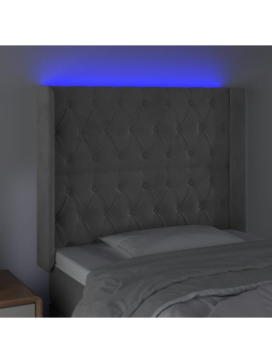 Gultas galvgalis ar LED, 103x16x118/128 cm, gaiši pelēks samts