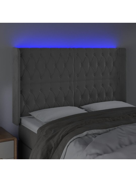 Gultas galvgalis ar LED, 147x16x118/128 cm, gaiši pelēks samts