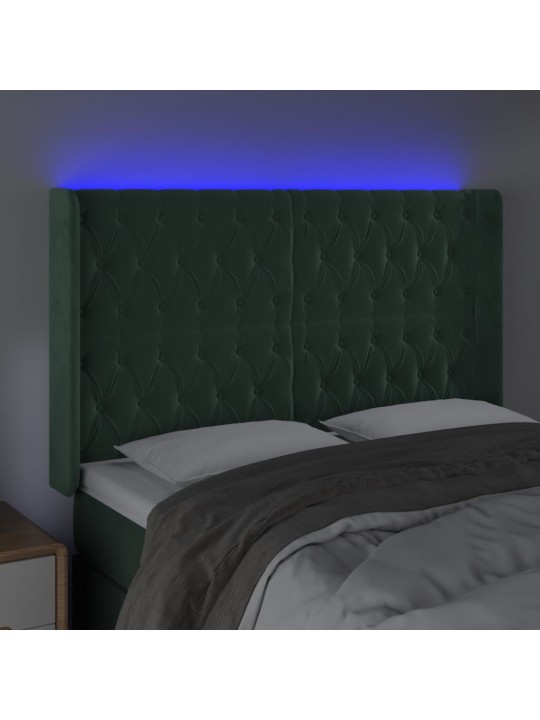 Gultas galvgalis ar led, 147x16x118/128 cm, tumši zaļš samts