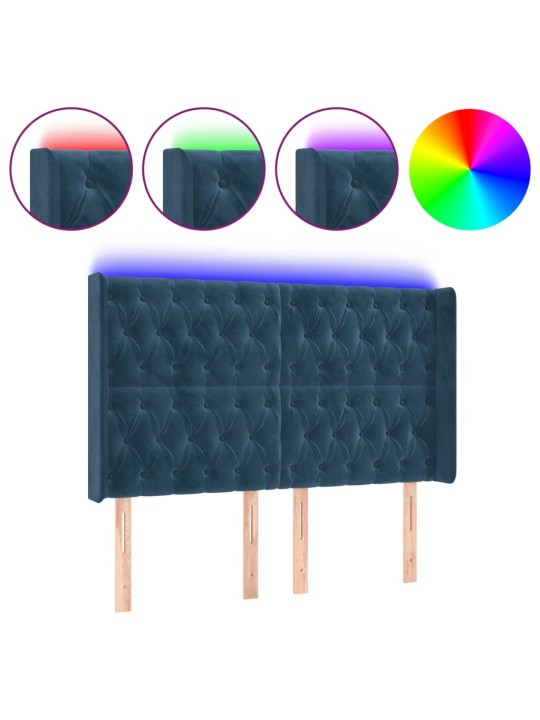 Gultas galvgalis ar LED, 147x16x118/128 cm, tumši zils samts