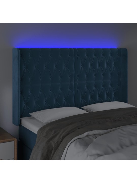 Gultas galvgalis ar LED, 147x16x118/128 cm, tumši zils samts