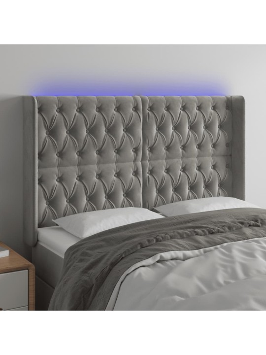 Gultas galvgalis ar LED, 163x16x118/128 cm, gaiši pelēks samts