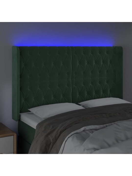 Gultas galvgalis ar led, 163x16x118/128 cm, tumši zaļš samts