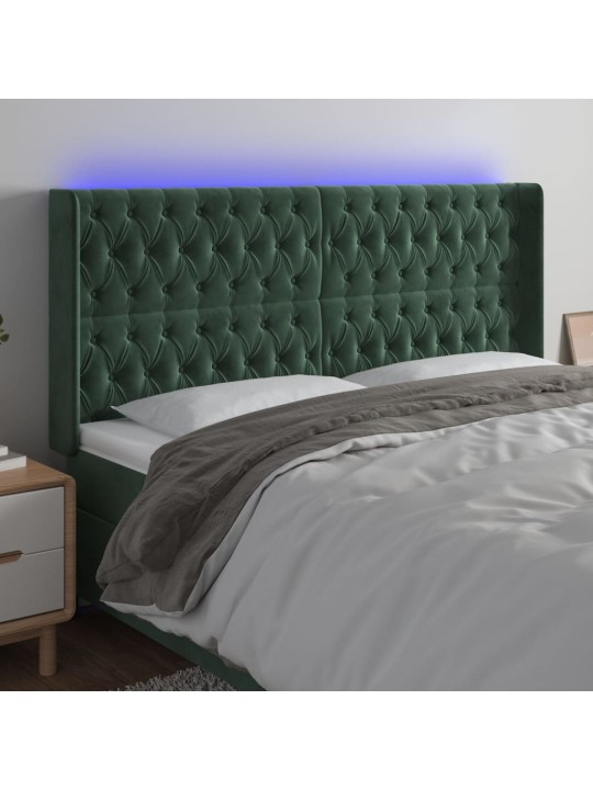 Gultas galvgalis ar led, 183x16x118/128 cm, tumši zaļš samts
