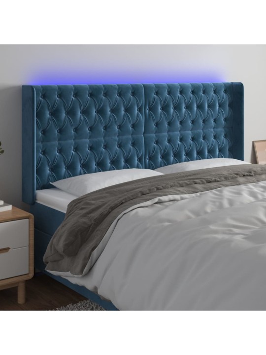 Gultas galvgalis ar led, 183x16x118/128 cm, tumši zils samts