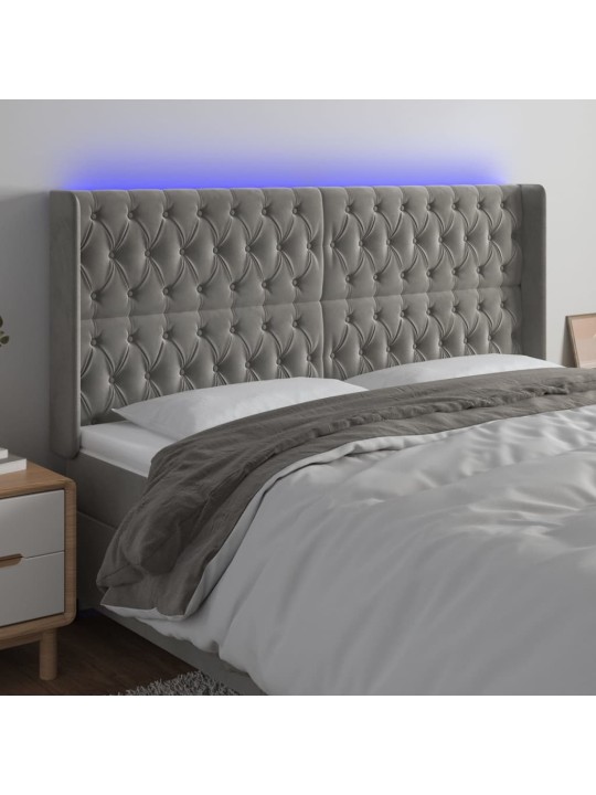 Gultas galvgalis ar led, 203x16x118/128 cm, gaiši pelēks samts