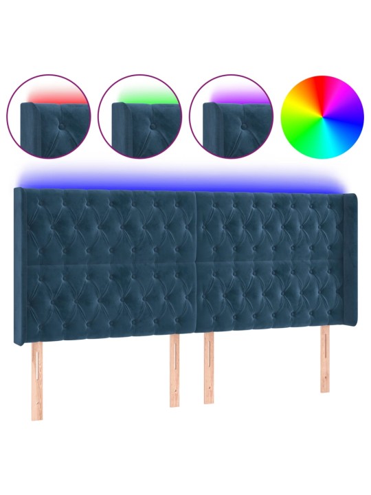 Gultas galvgalis ar led, 203x16x118/128 cm, tumši zils samts
