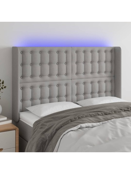 Gultas galvgalis ar LED, 147x16x118/128 cm, gaiši pelēks audums