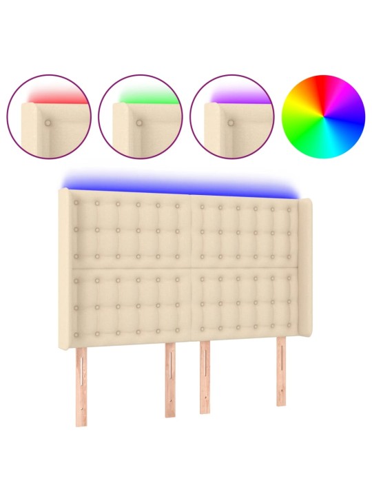 Gultas galvgalis ar LED, 147x16x118/128 cm, krēmkrāsas audums