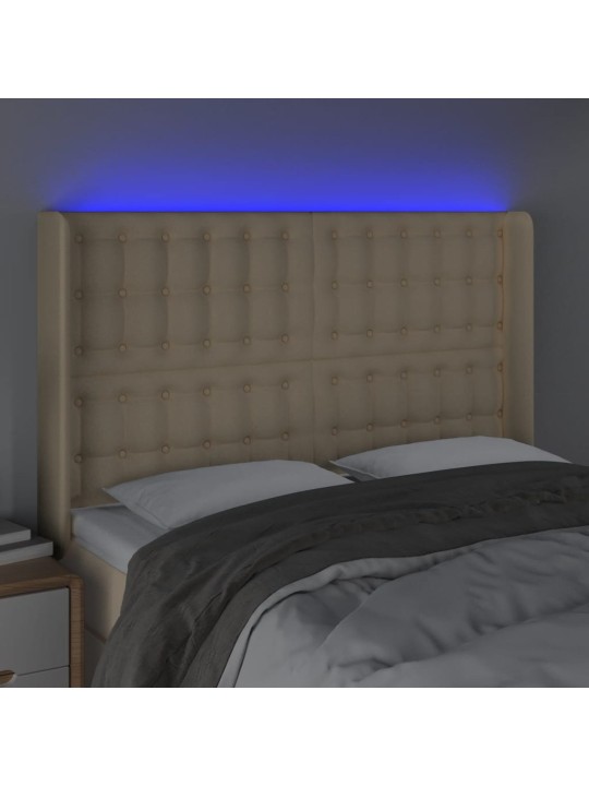 Gultas galvgalis ar LED, 147x16x118/128 cm, krēmkrāsas audums