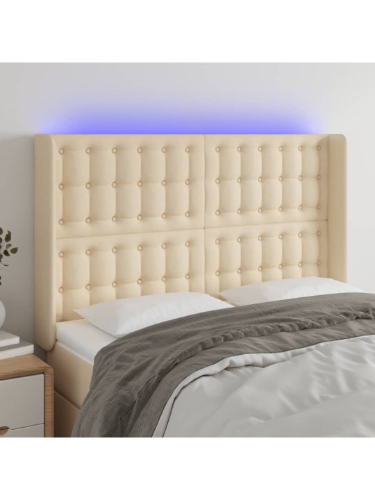 Gultas galvgalis ar LED, 147x16x118/128 cm, krēmkrāsas audums
