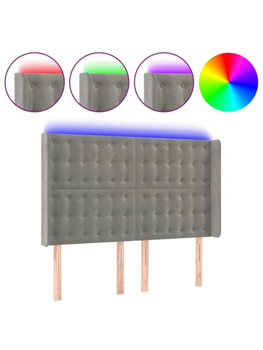 Gultas galvgalis ar LED, 147x16x118/128 cm, gaiši pelēks samts