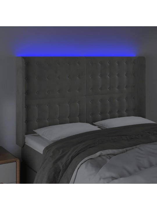 Gultas galvgalis ar LED, 147x16x118/128 cm, gaiši pelēks samts