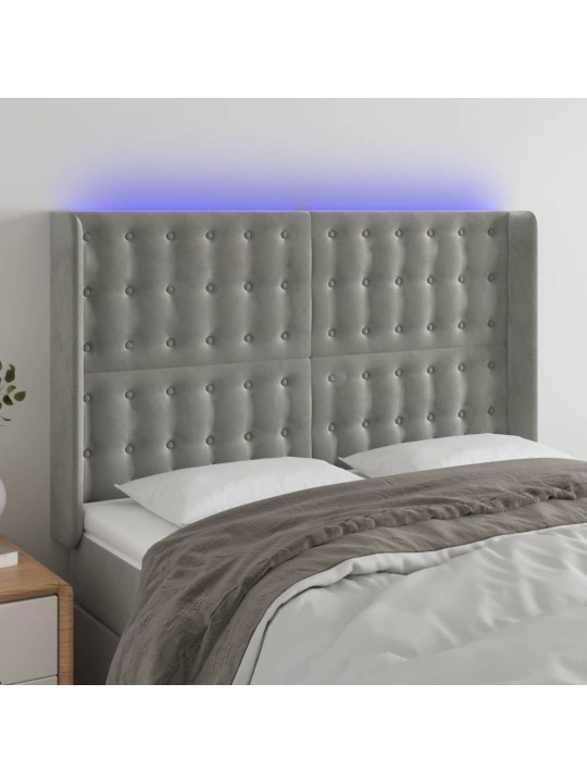 Gultas galvgalis ar LED, 147x16x118/128 cm, gaiši pelēks samts