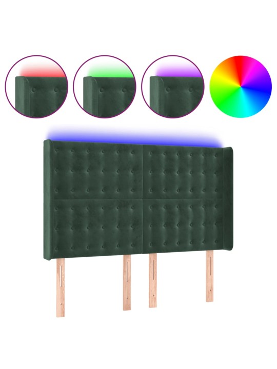 Gultas galvgalis ar led, 147x16x118/128 cm, tumši zaļš samts
