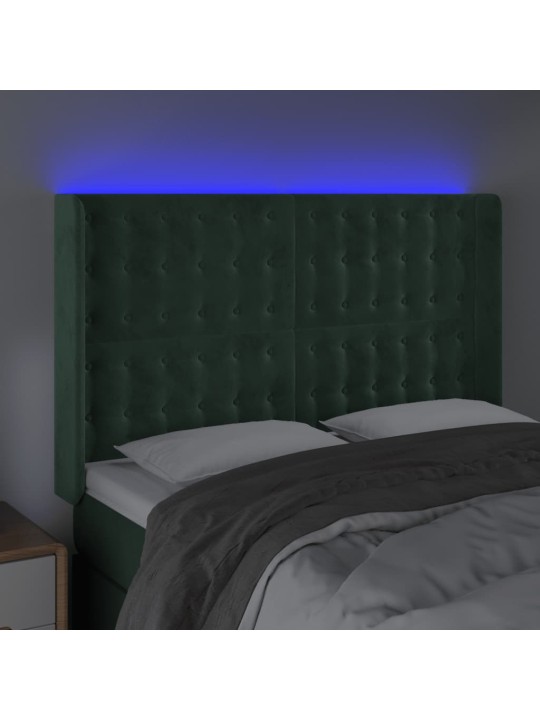 Gultas galvgalis ar led, 147x16x118/128 cm, tumši zaļš samts
