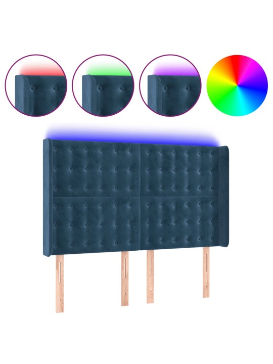 Gultas galvgalis ar led, 147x16x118/128 cm, tumši zils samts