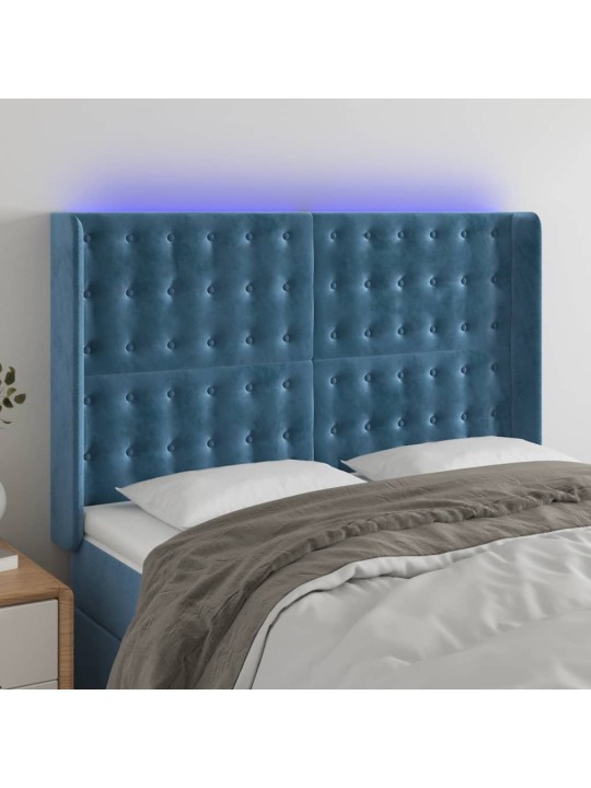 Gultas galvgalis ar led, 147x16x118/128 cm, tumši zils samts